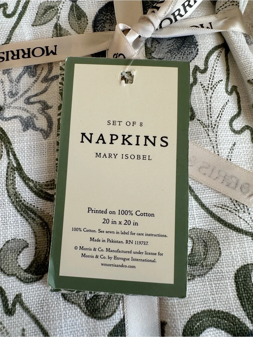 Morris & Co. William Morris Floral Print Cotton Napkins Green & Blue on White